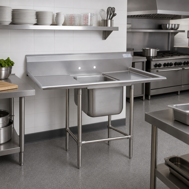 Product image #2 for Advance Tabco Regaline 1-Compartment Sink with Left and Right-Hand Drainboards, 28 x 20 Inch Bowl, 14 Gauge 304 Stainless Steel