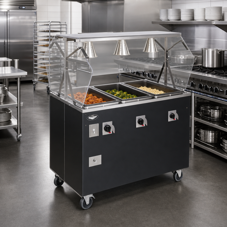 Product image #2 for Vollrath 2-Series Affordable Portable Deluxe 3-Well Mobile Hot Food Station with Breath Guard and Lights