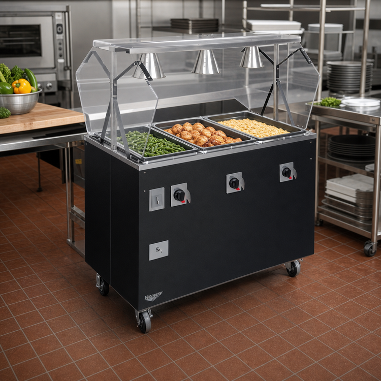 Product image #2 for Vollrath 2-Series Affordable Portable Deluxe 3-Well Mobile Hot Food Station with Breath Guard and Lights