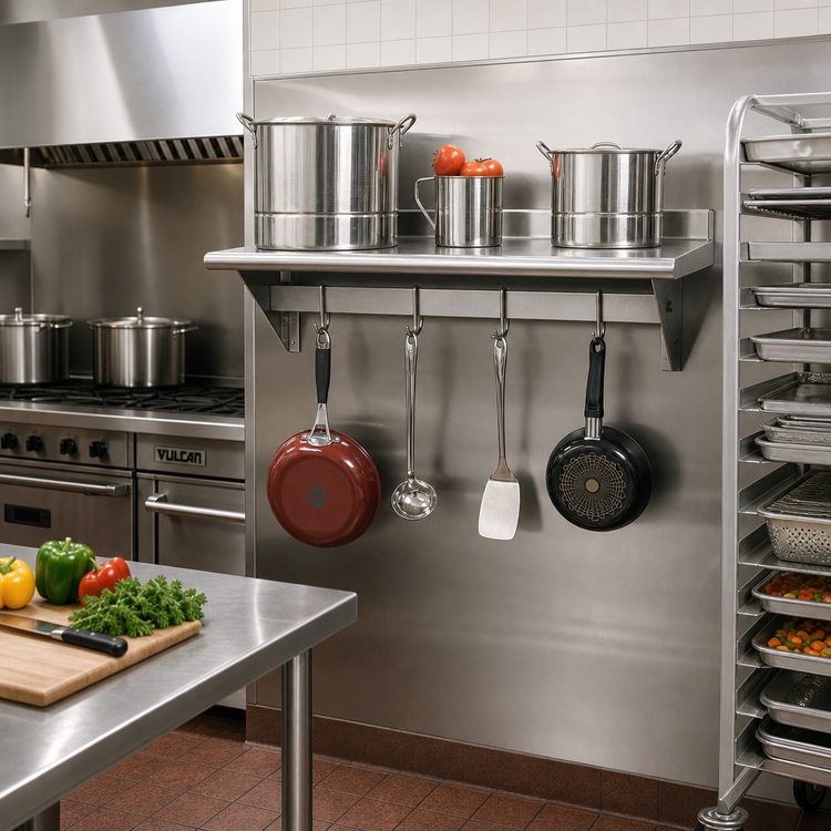 Product image #2 for Advance Tabco Wall-Mounted Stainless Steel Shelf with Pot Rack, 60"W x 15"D