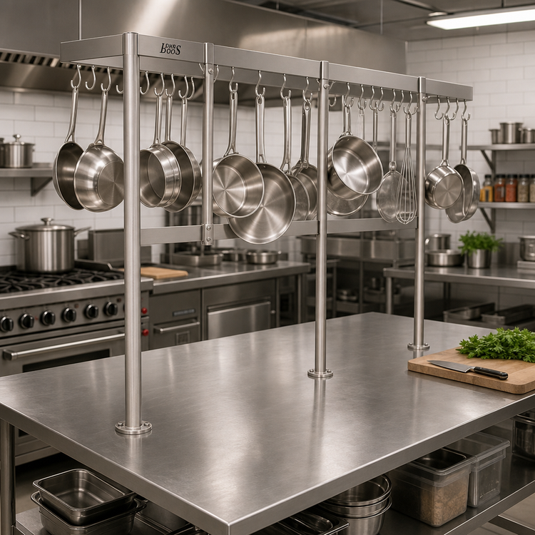 Product image #2 for John Boos Square Table-Mount Stainless Steel Pot Rack with 33 Double Hooks