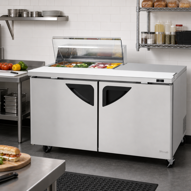 Product image #2 for Turbo Air Super Deluxe 60-Inch 2-Section Clear Top Sandwich/Salad Prep Table, 19 Cu. Ft., 8-Pan, Right Work Station