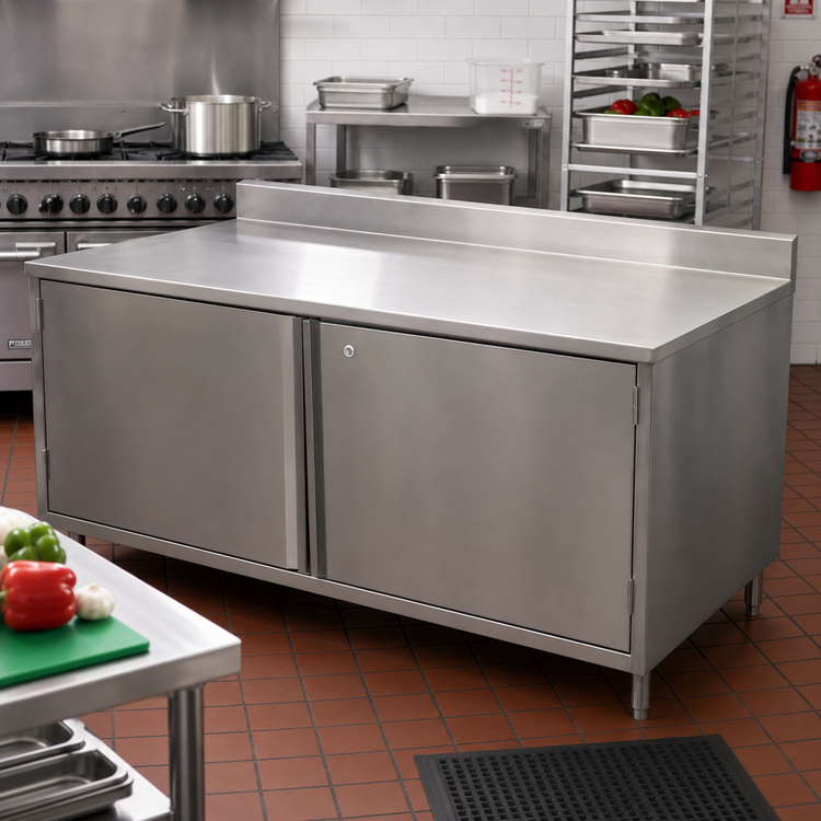 Product image #2 for BK Resources 72 x 24 Inch Enclosed Stainless Steel Work Table with Cabinet Base, Locking Hinged Doors, and 5-Inch Backsplash
