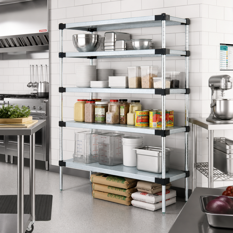 Product image #2 for Quantum Stationary Solid Shelving Starter Kit, 48"W x 18"D x 74"H, 5 Solid Shelves, Galvanized Steel Shelves with Chrome Posts
