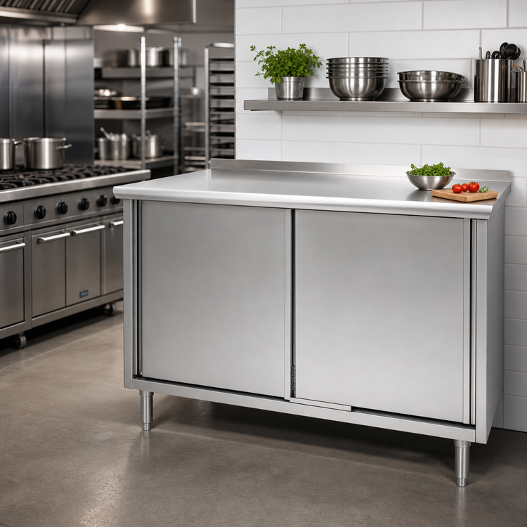 Product image #2 for Spec-Master Series Cabinet-Base Enclosed Work Table with Sliding Doors, 120-Inch W x 24-Inch D, 14-Gauge 304 Stainless Steel Top