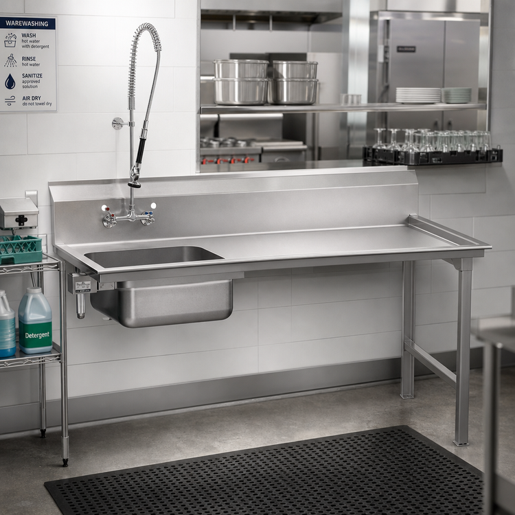 Product image #2 for Advance Tabco Special Value Series Straight Soil Dish Table with Right-Hand Attachment and Pre-Rinse Sink, 47 Inch, 304 Stainless Steel