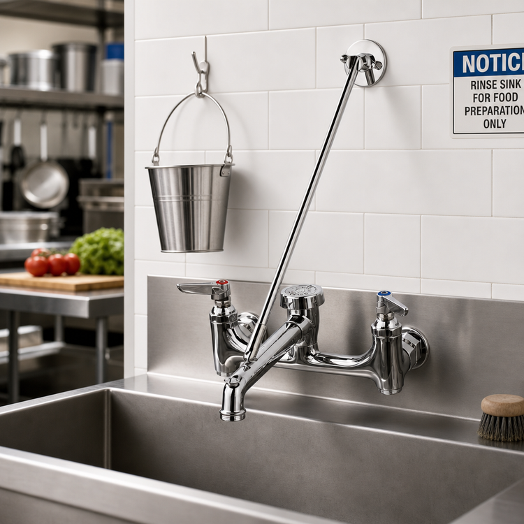 Product image #2 for T&S Brass 8-Inch Wall Mount Service/Mop Sink Faucet with Vacuum Breaker Spout, Pail Hook, and Garden Hose Outlet