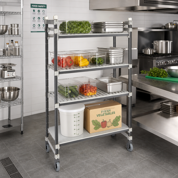 Product image #2 for Cambro Camshelving Elements XTRA High Density Top Rail Mobile Starter Unit, 24"D x 54"L x 80"H, 4-Tier, 3 Vented + 1 Solid, Speckled Gray