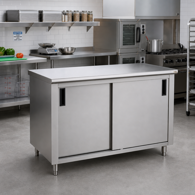 Product image #2 for Advance Tabco Special Value Economy Enclosed Work Table with Cabinet Base, Mid-Shelf and Sliding Doors, 84 x 30 Inches, 16 Gauge 304 Stainless Steel Top