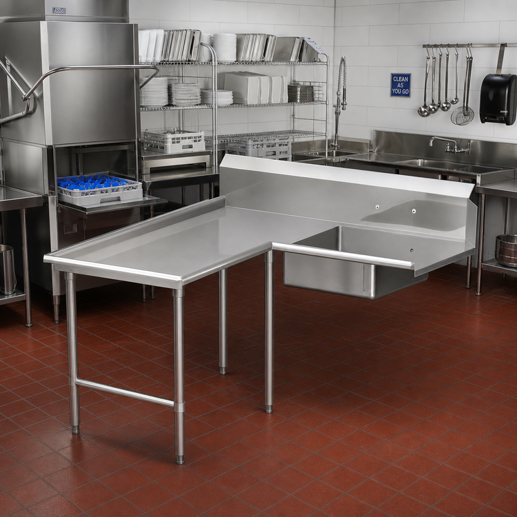 Product image #2 for John Boos Pro-Bowl L-Shaped Island Soiled Dish Table with 20" x 20" x 8" Pre-Rinse Sink, 60" x 60", Left-to-Right