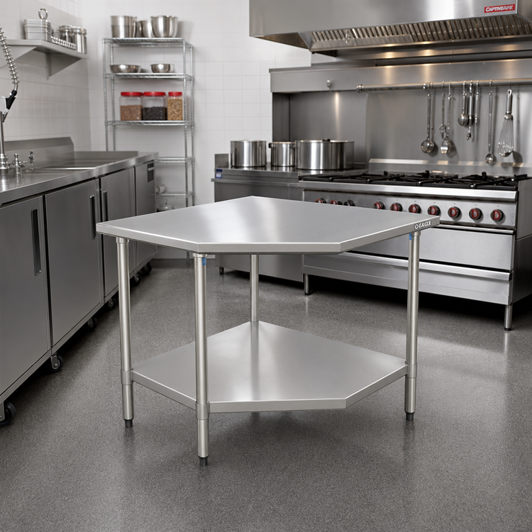 Product image #2 for Eagle Group Budget Series 30 x 30 Inch Corner Work Table with 430 Stainless Steel Top and Adjustable Undershelf