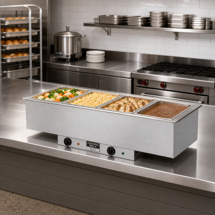 Product image #2 for Atlas Metal WIHL-4 Slim-Line 4-Well Electric Drop-In Hot Food Well, Individual Pans, Wet or Dry Operation
