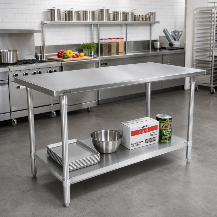 Product image #2 for John Boos Stallion 120-Inch x 24-Inch 16-Gauge Stainless Steel Flat-Top Work Table with Galvanized Base and Adjustable Undershelf