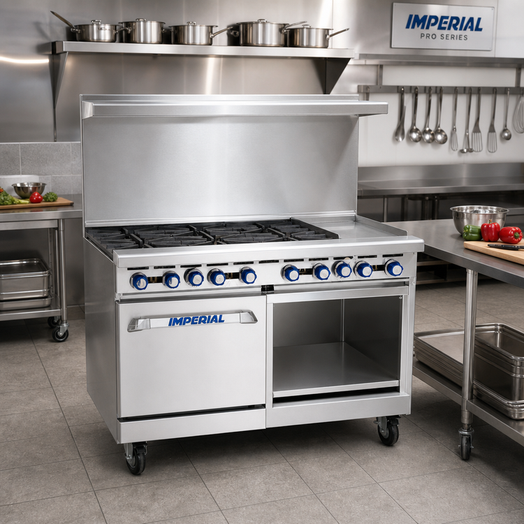 Product image #2 for Imperial Pro Series 48-Inch Gas Restaurant Range with 6 Open Burners, 12-Inch Griddle, Standard Oven, and Open Cabinet