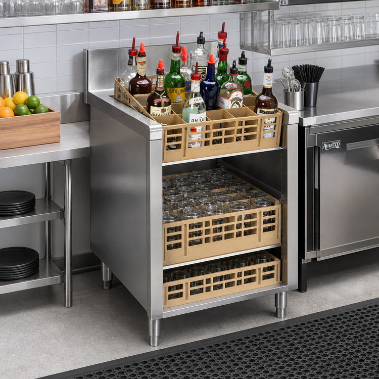 Product image #2 for Advance Tabco Prestige Supreme Underbar Slanted-Top Glass Rack Storage Unit, 24-Inch W x 30-Inch D x 36-Inch H, 3-Rack Capacity