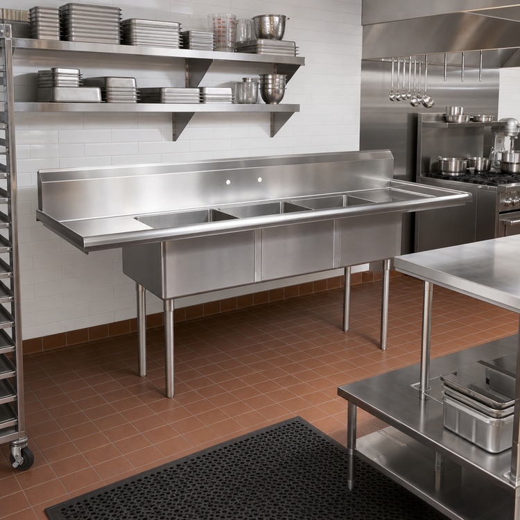 Product image #2 for Straight Left-to-Right Soiled Dish Table with 3-Compartment Sink, 30-3/8" W x 100" D x 44" H