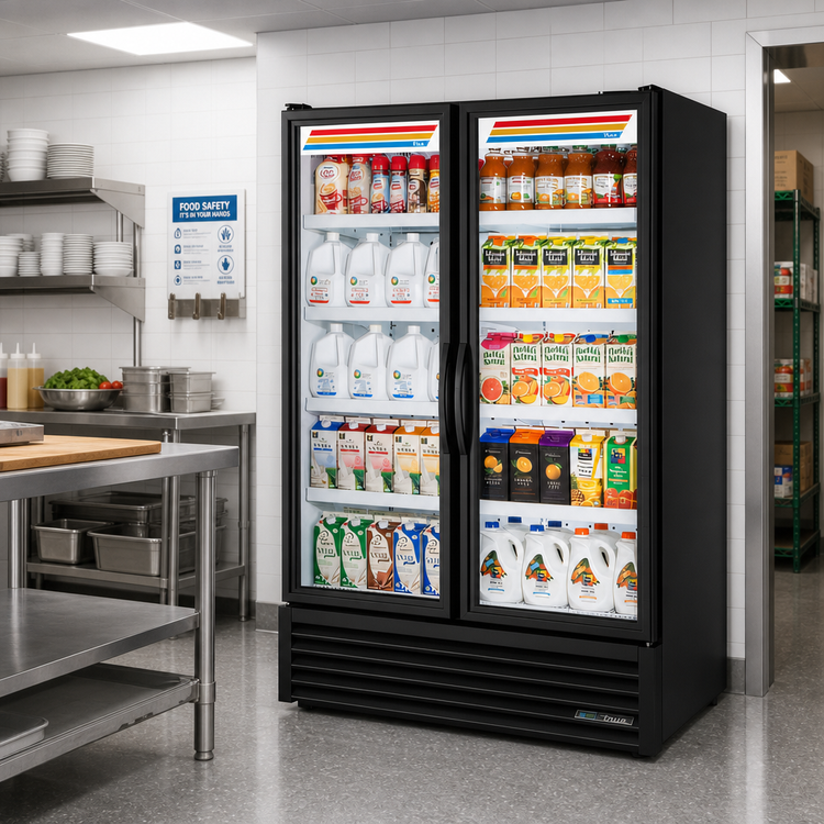 Product image #2 for True Full-Length 2-Section Glass Door Refrigerated Merchandiser, 8 Shelves, Black