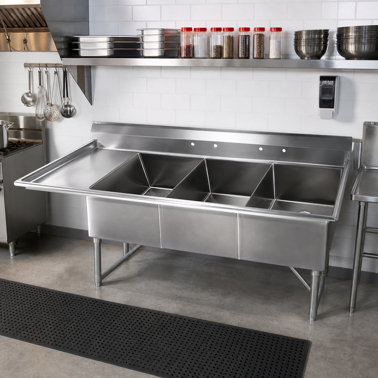 Product image #2 for Klinger's Trading Elite Three-Compartment Commercial Sink with Left Drainboard, 92-1/2 Inch Wide, 16/304 Stainless Steel