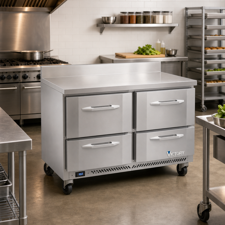 Product image #2 for Victory Refrigeration 48-Inch Two-Section 4-Drawer Worktop Freezer with Rear-Mounted Self-Contained Refrigeration