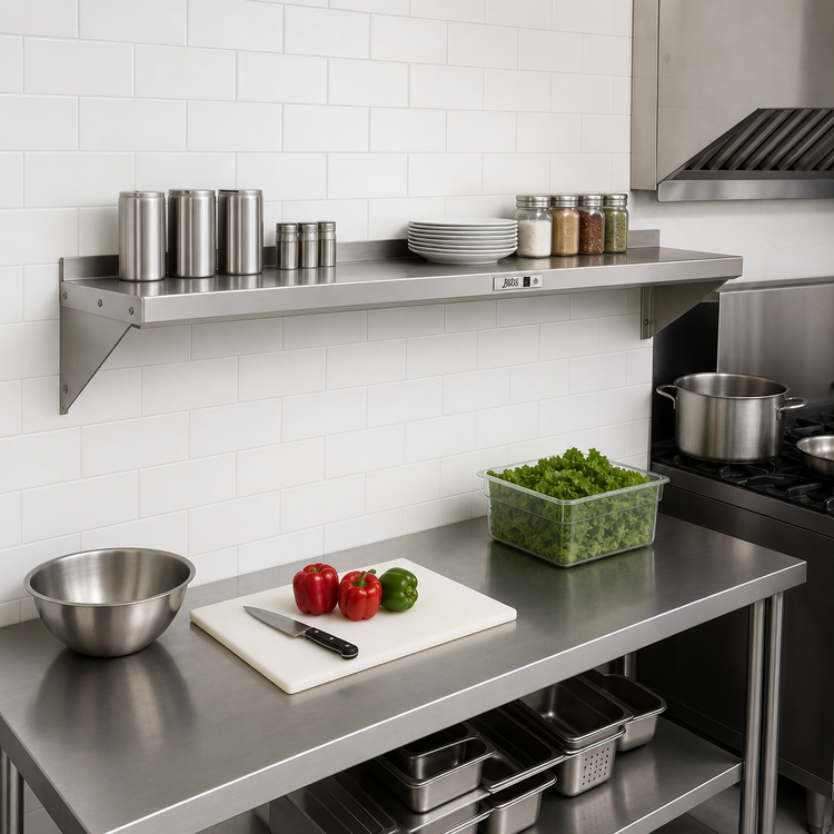 Product image #2 for John Boos Stallion Wall-Mounted Stainless Steel Shelf, 60" W x 12" D, Safety Edge Front