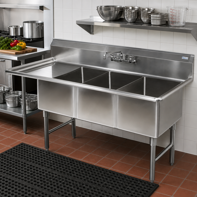 Product image #2 for John Boos E-Series 3-Compartment Sink with Left Drainboard, 18 Gauge Stainless Steel, 80-1/2 x 29-1/2 x 43-3/4 Inches