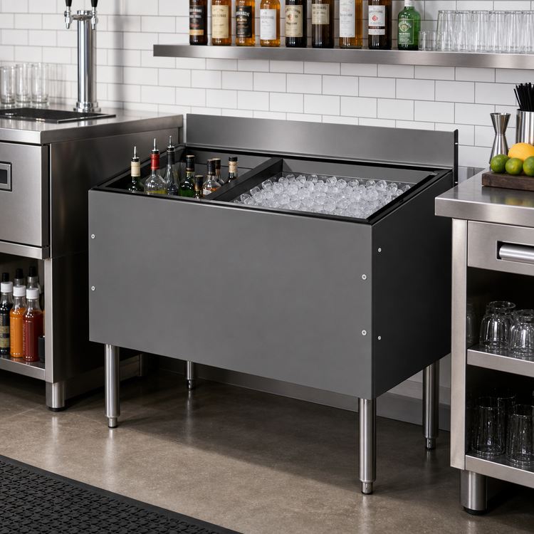 Product image #2 for CHOICE 42-Inch Extra Deep Underbar Combo Ice Bin/Cocktail Unit with Left Bottle Well and 10-Circuit Cold Plate