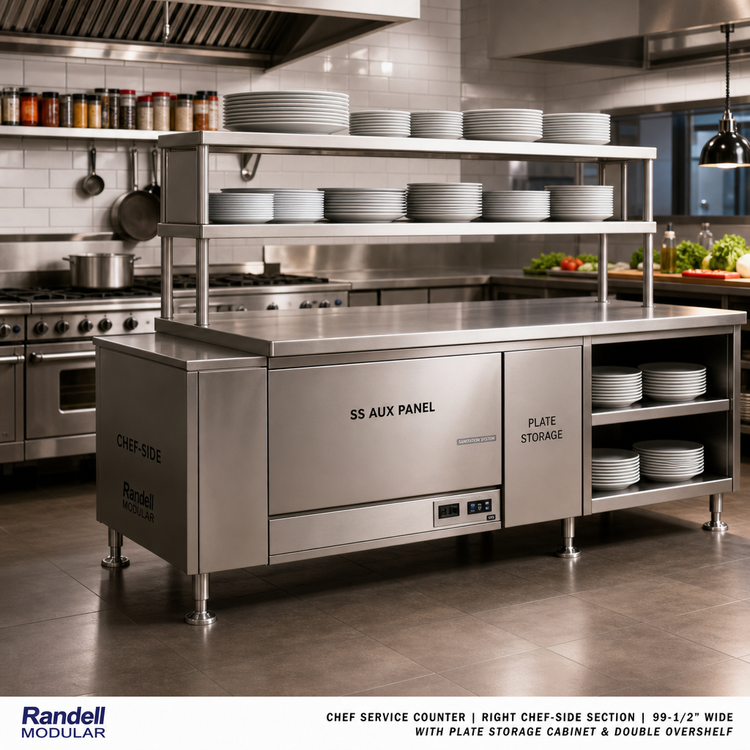 Product image #2 for Randell Modular Chef Service Counter Right Chef-Side Section, 99-1/2 Inches Wide, with Plate Storage Cabinet and Double Overshelf