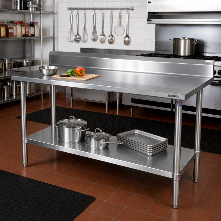 Product image #2 for John Boos Stallion 108-Inch x 24-Inch 14-Gauge Stainless Steel Top Work Table with 5-Inch Backsplash and Galvanized Undershelf