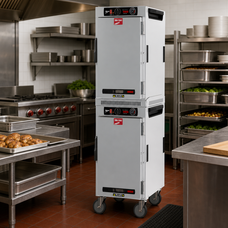 Product image #3 for Metro HotBlox Narrow 16-Pan Dual Cavity Mobile Heated Holding Cabinet, Analog, Solid Doors