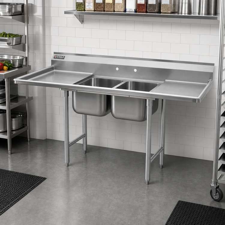 Product image #2 for Eagle Group 412 Series 2-Compartment 430 Stainless Steel Sink with Left and Right Drainboards