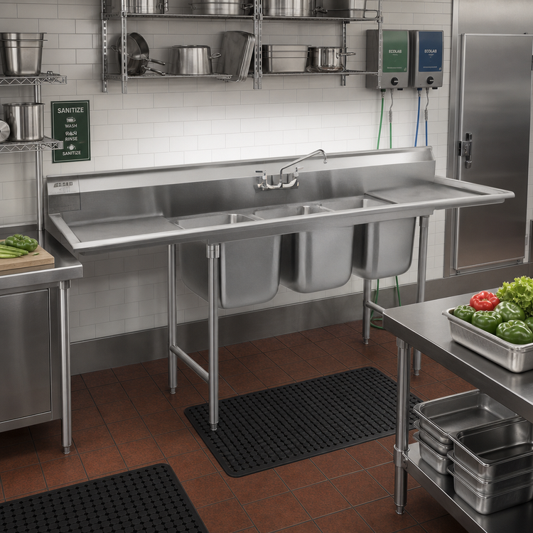 Product image #2 for Eagle Group 314 Series Three-Compartment Sink with Right-Hand Drainboard, 74-3/8" W x 27-1/2" D, 304 Stainless Steel