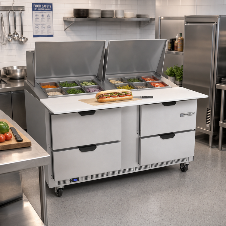 Product image #3 for Beverage-Air SPED60HC-24M-4 Two-Section 60-Inch Mega Top Sandwich Prep Table Refrigerator with 4 Drawers