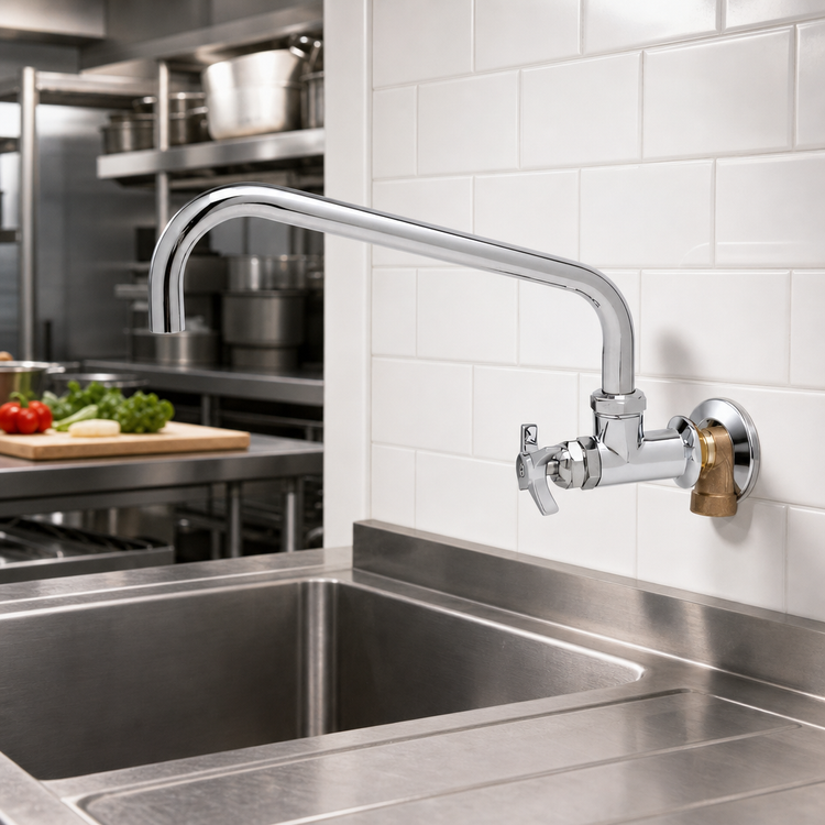 Product image #2 for T&S Brass Big-Flo Wall Mount Faucet with 12-Inch Swing Nozzle, 4-Arm Handle, and 3/4-Inch NPT Street Elbow