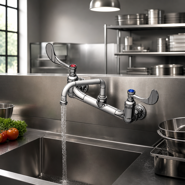 Product image #2 for T&S Brass Double Pantry Mixing Faucet, Wall-Mount, 8-Inch Centers, 6-Inch Swing Nozzle