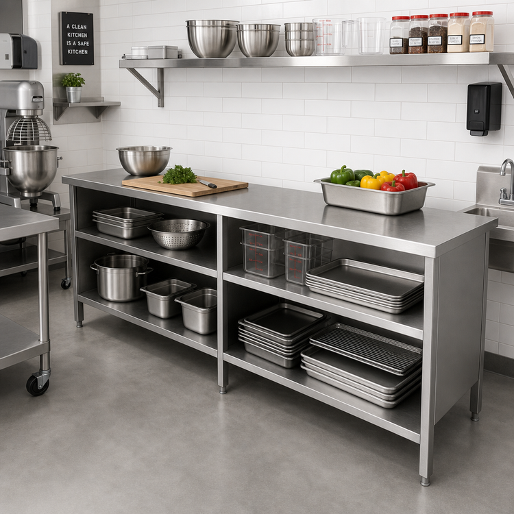 Product image #2 for John Boos Open Front Stainless Steel Work Table with Cabinet Base, 120 x 24 Inches, 16-Gauge Flat Top