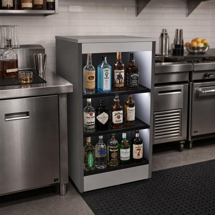 Product image #2 for Glastender 24-Inch Open Front Back Bar Liquor Display Cabinet with 3-Step Display and LED Lighting