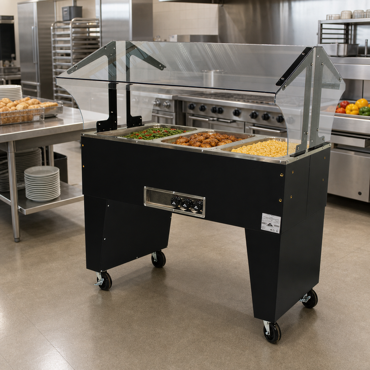 Product image #2 for Portable Electric Hot Food Buffet Table with 3 Galvanized Wells, Open Base, Double-Sided Sneeze Guard, 47-1/8 Inch Wide, 208-240V