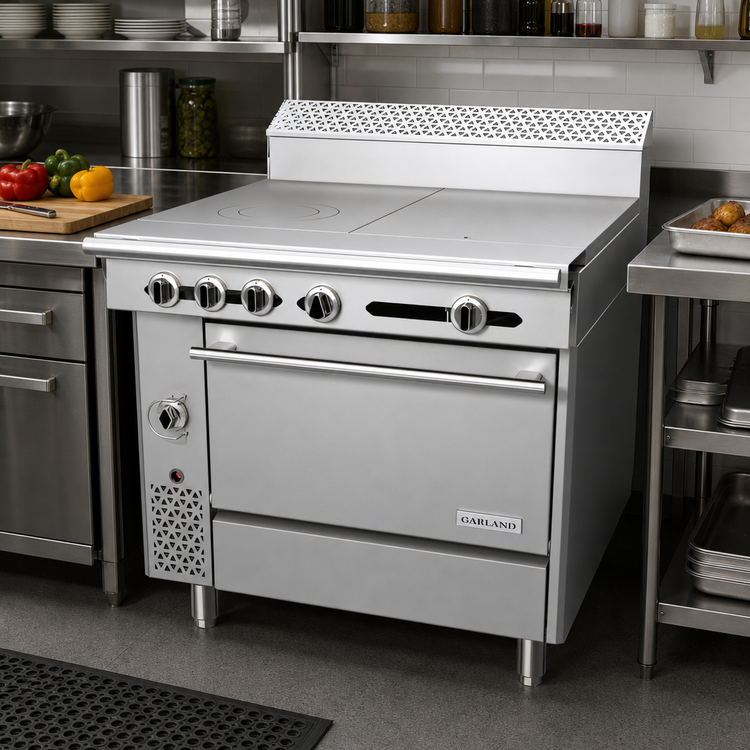 Product image #2 for Garland Cuisine Series 36-Inch Heavy-Duty Gas Combination Top Range with 18-Inch Even-Heat and Front-Fired Hot Tops, Standard Oven