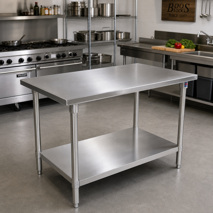 Product image #2 for John Boos Stallion 48" x 36" 16-Gauge Stainless Steel Top Work Table with Stallion Safety Edge and Adjustable Undershelf