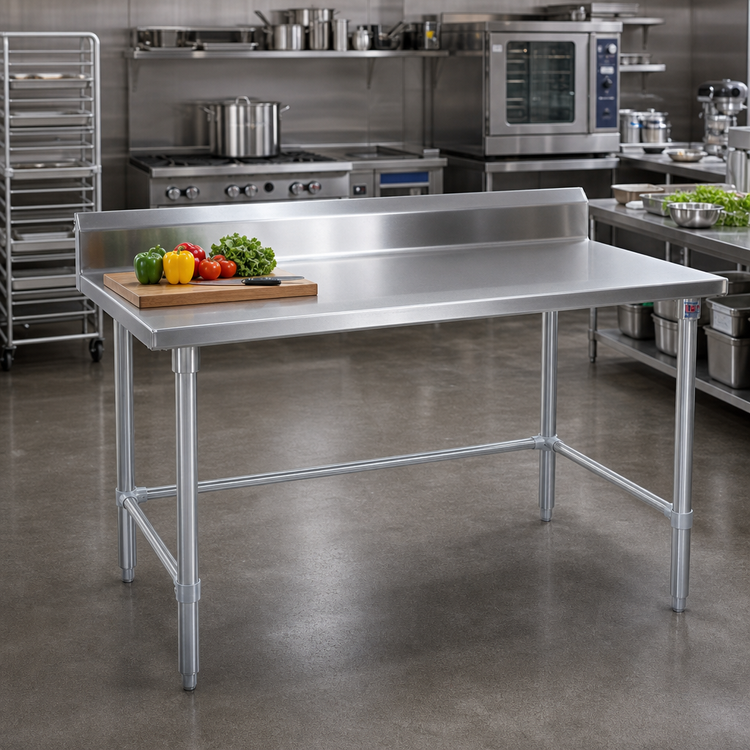 Product image #2 for John Boos Stallion 120-Inch x 30-Inch 16-Gauge 300-Series Stainless Steel Work Table with 5-Inch Backsplash and Galvanized Base
