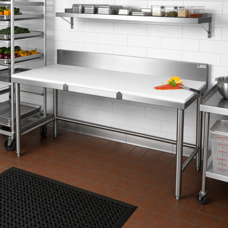 Product image #2 for John Boos TC006A 108 Inch x 24 Inch Trimming Table with 3/4 Inch Reversible Poly Top and 6 Inch Backsplash