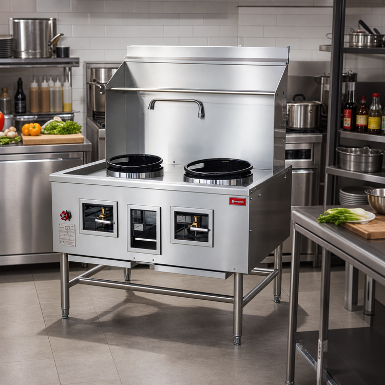 Product image #2 for Omcan USA Natural Gas Two-Chamber Wok Range with 13-Inch and 16-Inch Rings, Backsplash, Faucet, and Water-Cooled Top
