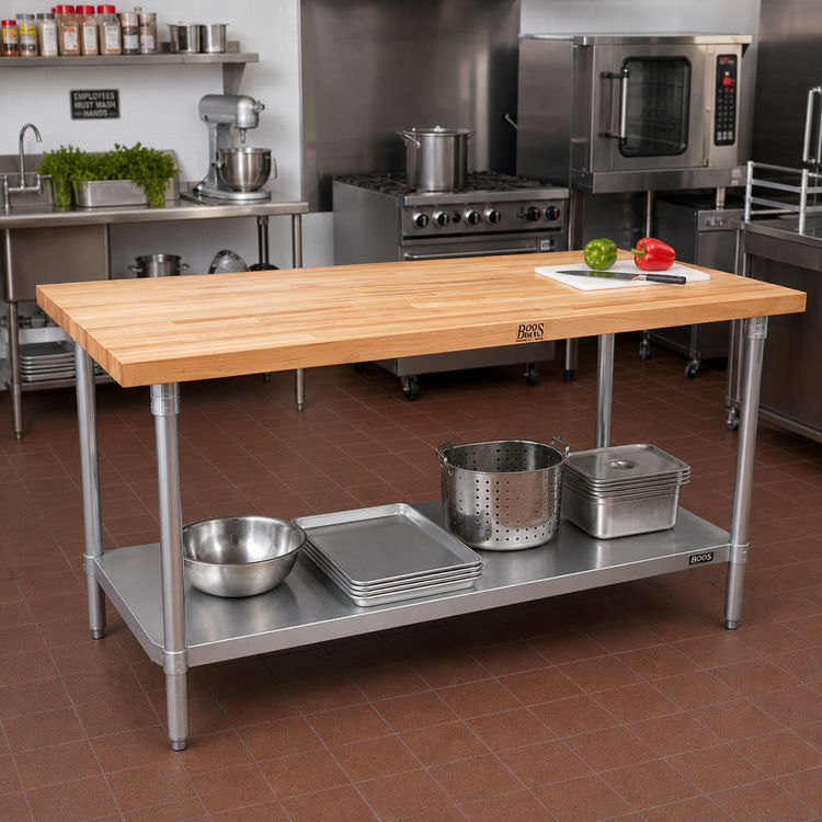 Product image #2 for John Boos HNS13 96-Inch x 30-Inch Northern Hard Rock Maple Wood Top Work Table with Adjustable Undershelf