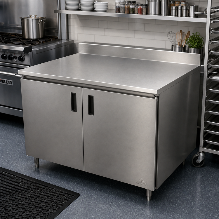 Product image #2 for Advance Tabco Special Value Series 72-Inch x 24-Inch Enclosed Work Table with Cabinet Base, 16-Gauge 304 Stainless Steel Top, and 5-Inch Backsplash