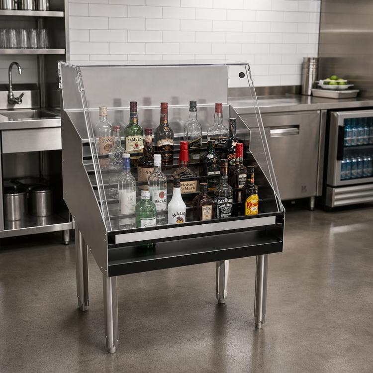 Product image #2 for Glastender 5-Step Freestanding Underbar Liquor Steps with Clear Lift-Off Cover, 30 Inch W x 29 Inch D, Stainless Steel