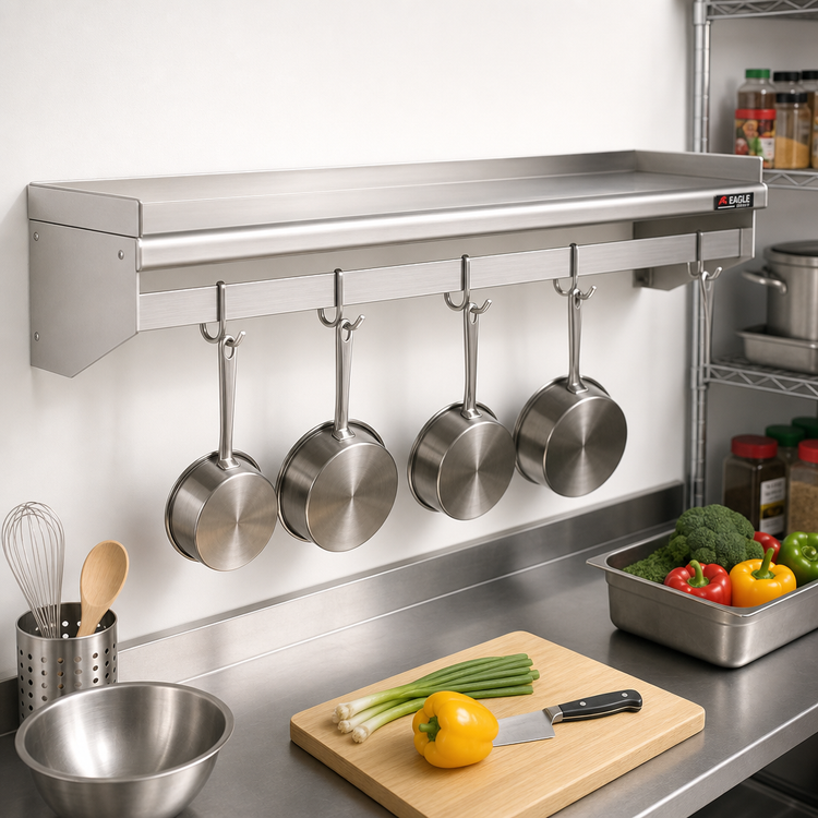 Product image #2 for Eagle Group Wall-Mounted Stainless Steel Pot Rack Shelf, 48 Inch W x 18 Inch D, with 4 Hooks