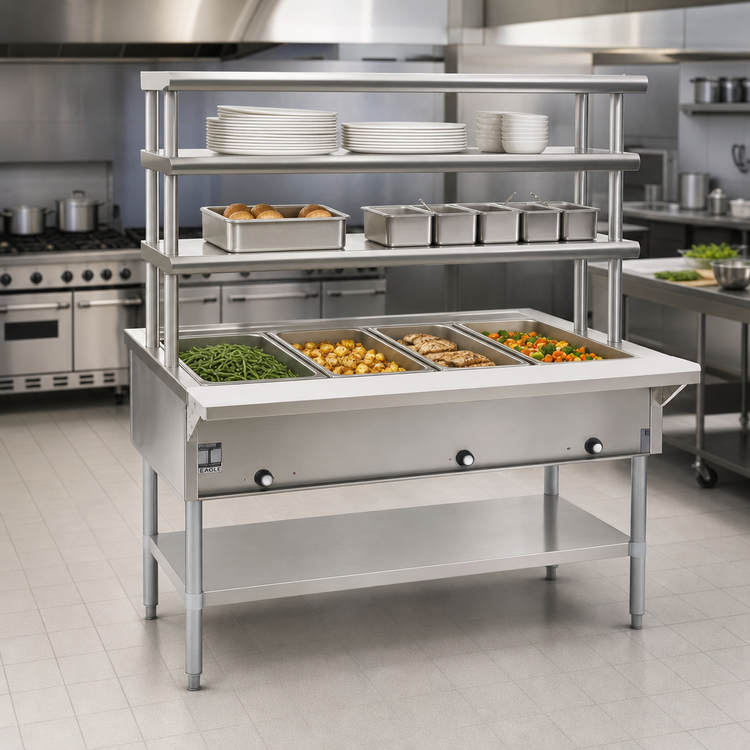 Product image #2 for Eagle Group 63-1/2 Inch Stationary Electric Open-Base Hot Food Table with 4 Dry Wells and Double-Tier Flex-Master Overshelves