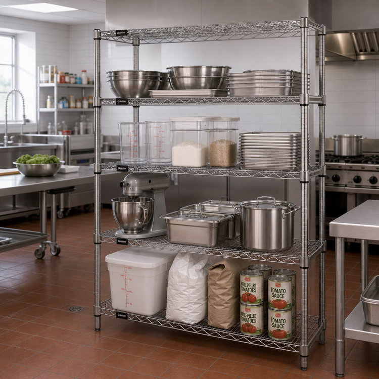 Product image #2 for Quantum 4-Shelf Stationary Wire Shelving Starter Kit, 54"W x 18"D x 86"H, 304 Stainless Steel