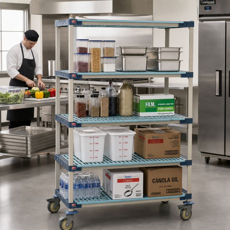 Product image #2 for MetroMax 4 Mobile 4-Tier Polymer Shelving Starter Unit with Open Grid Shelves, 60 x 24 x 68 Inches