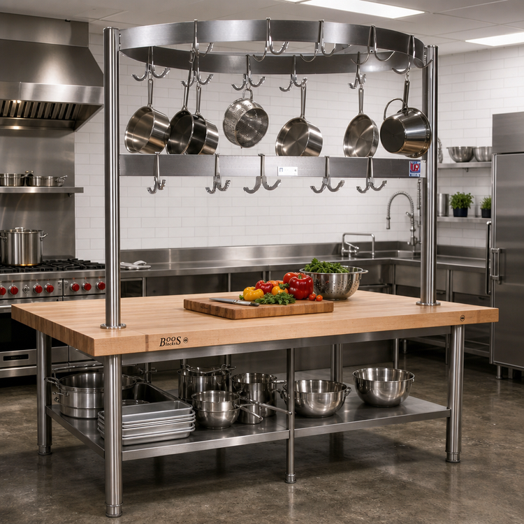 Product image #2 for John Boos Boat-Shaped Table-Mounted Stainless Steel Pot Rack for 72-Inch Tables, 67-1/4-Inch Wide, 18 Hooks